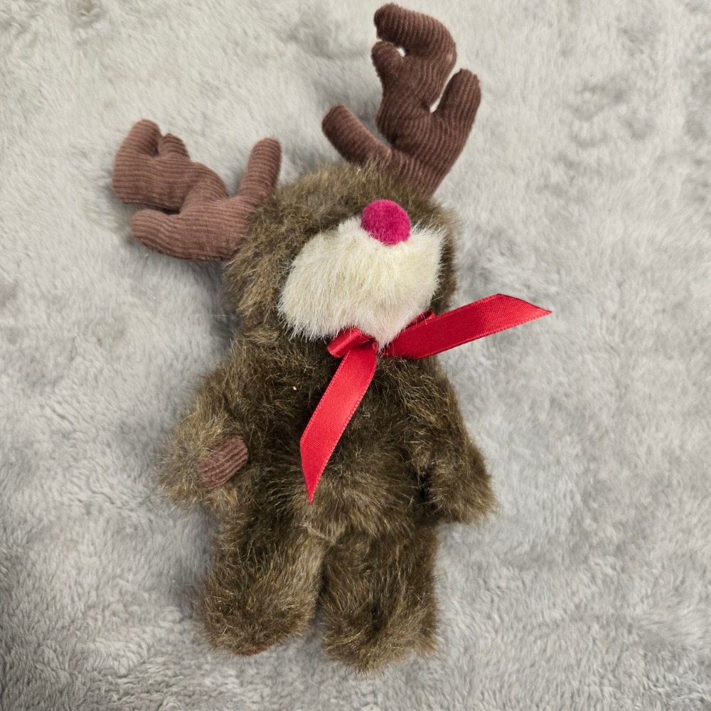 Boyds Collection Reindeer Plush Brown Shaggy Fur Pink Nose Corduroy Antlers 8in